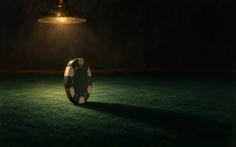 A single chip standing on the felt under the lamp — the Last Chip screen
